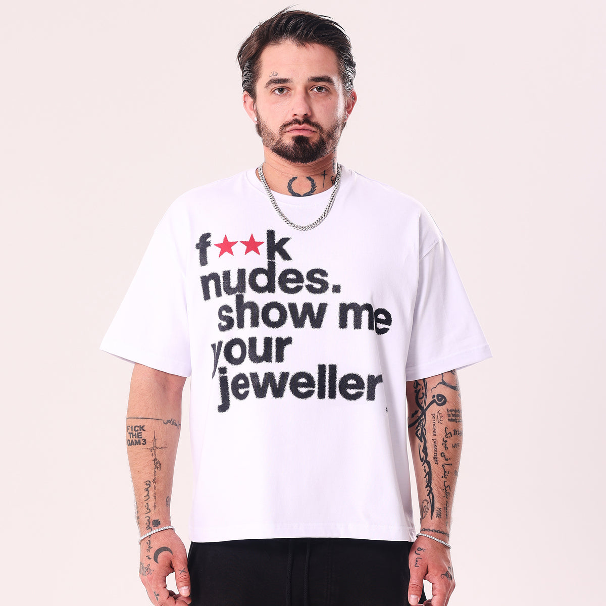 Koszulka F**k Nudes Show Me Your Jewelry Biała Boxy Fit