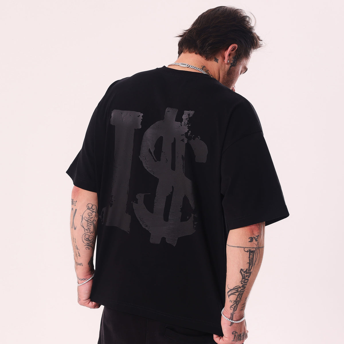 Koszulka I$ Leather Print Czarna Boxy Fit