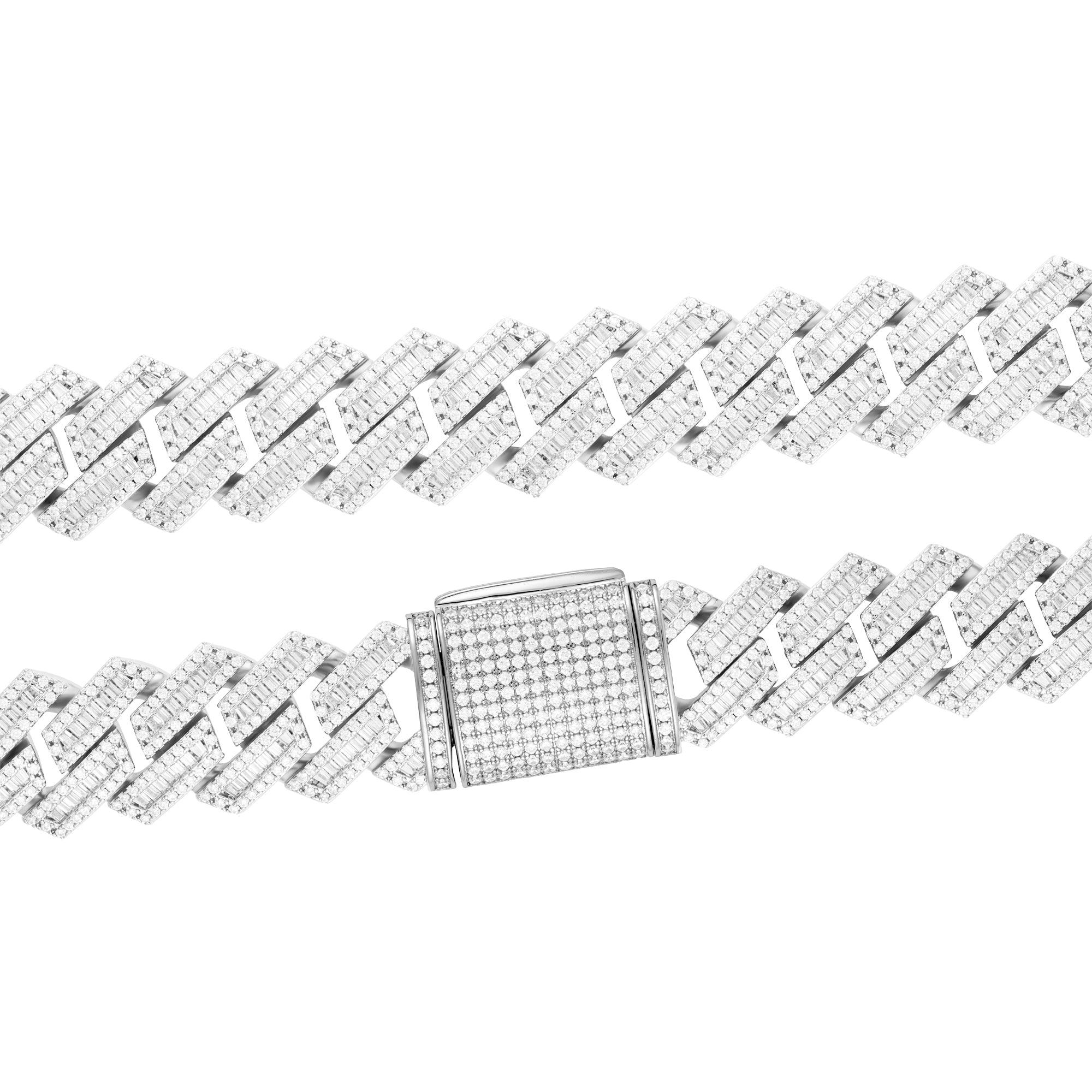 Bransoletka Baguette Prong Cuban Link 15mm Białe Złoto - IcedStuff