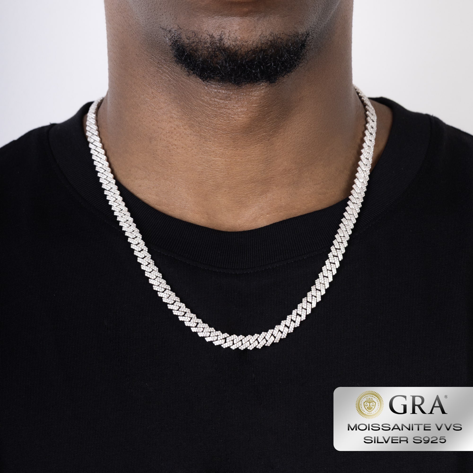 Łańcuch Diamond Prong Cuban Link 8mm Moissanit VVS S925 Białe Złoto