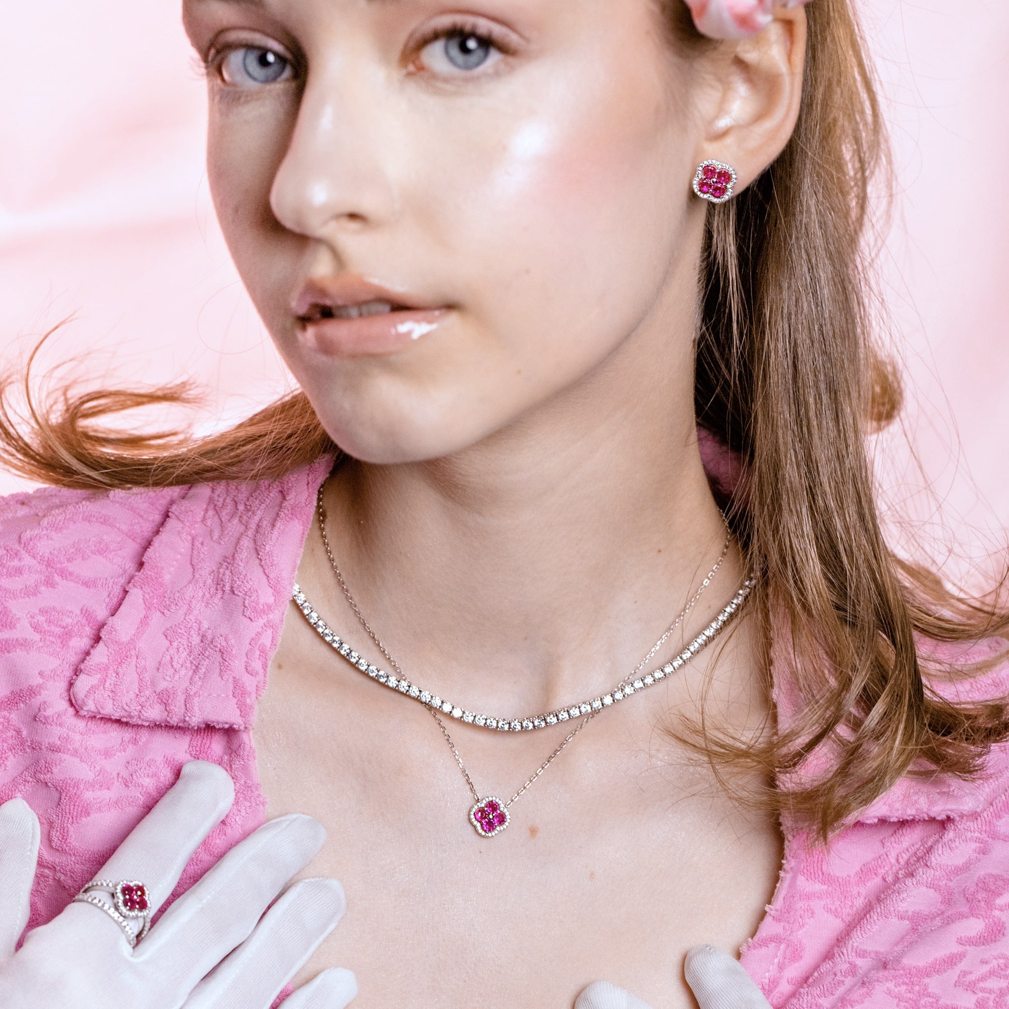 Naszyjnik Daisy Pink Białe Złoto Kwiat S925