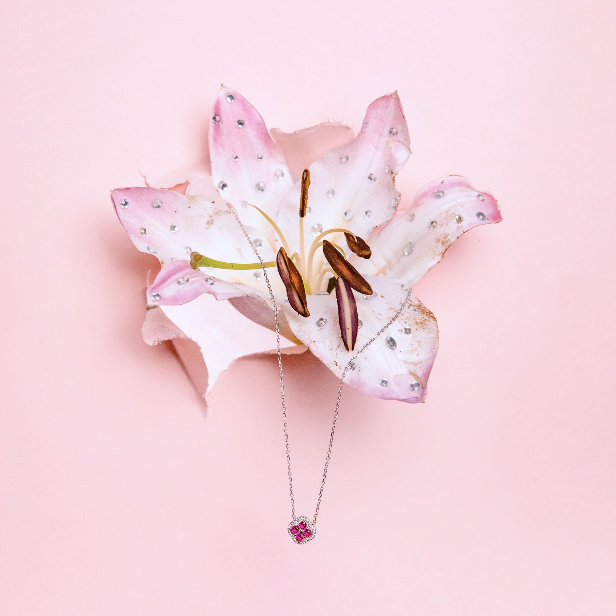 Naszyjnik Daisy Pink Białe Złoto Kwiat S925