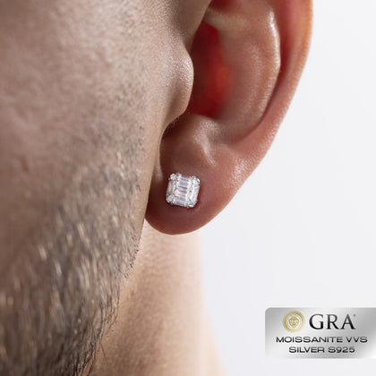 Kolczyki Baguette Stud Moissanit VVS S925 Białe Złoto