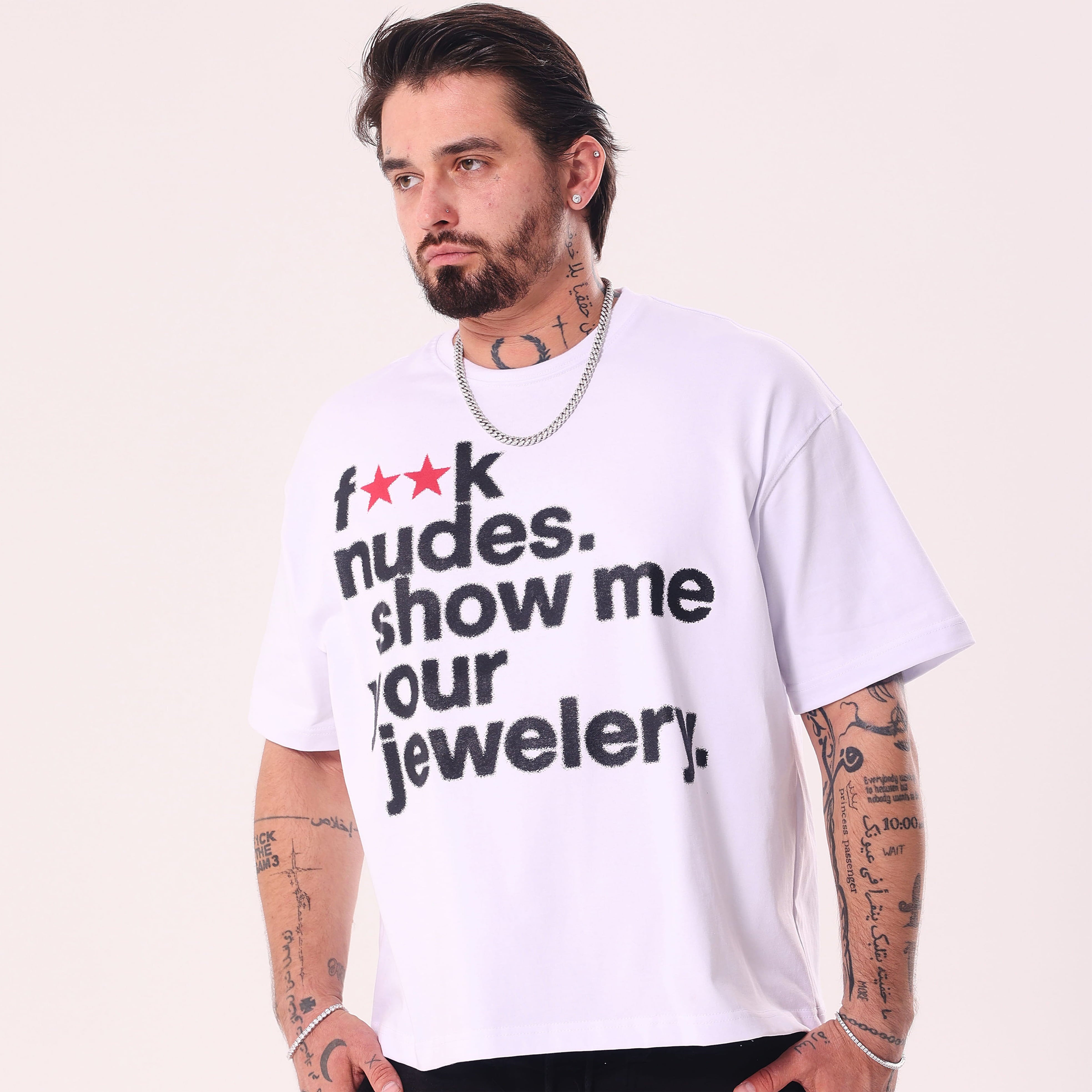 Koszulka F**k Nudes Show Me Your Jewelry Biała Boxy Fit